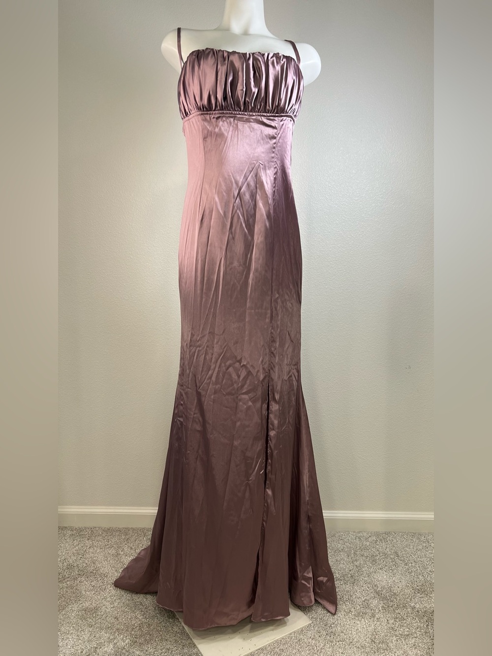 Cinderella Divine Ruched Satin Strap Spaghetti Dress in Dusty Mauve LARGE